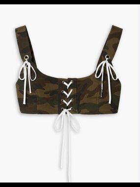 MONSE Camouflage Lace-Up Crop Top in Olive and Brown
